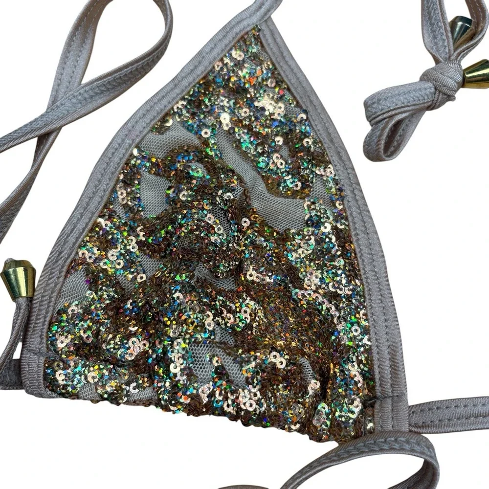 NWT La Costanera Sequin Triangle Bikini Gold Champagne Tie Side